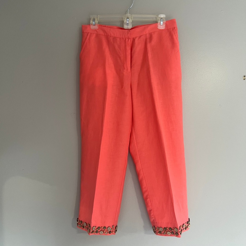 Ruby Rd Petite Coral Pink‎ Linen Blend Embellished Hem Crop Pants 8P RN107688